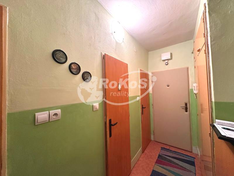 A hallway in a 3-room apartment with colored walls and hanging decorative elements.