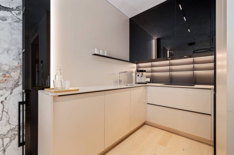 Modern kitchen with black cabinets and white walls in a three-room apartment.