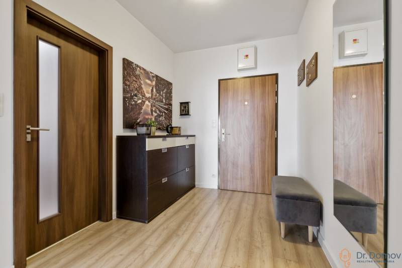 The entrance hall in a 2-room apartment with an entrance door, a wardrobe, and wall decoration.