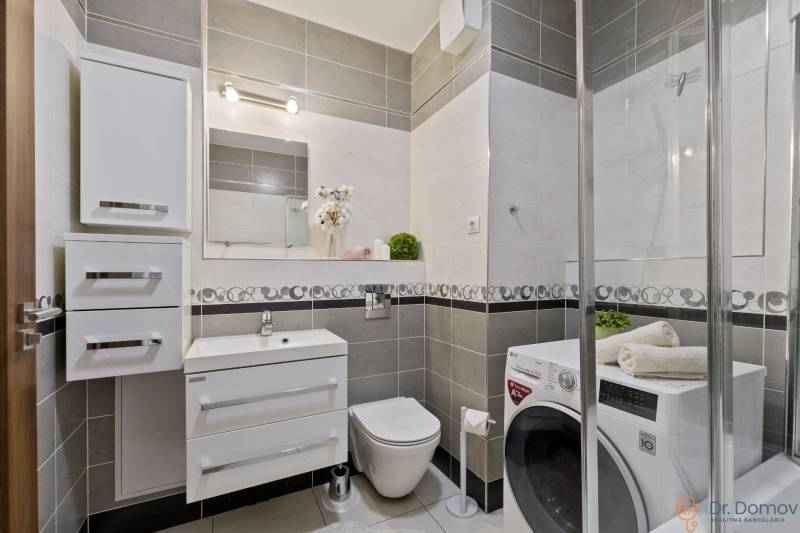 Bathroom in a 2-room apartment with a shower, washing machine, and a sink with a mirror.
