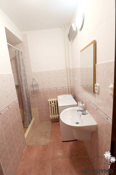 A bathroom in a 2-room apartment, containing a shower, a sink, and a washing machine with a radiator.