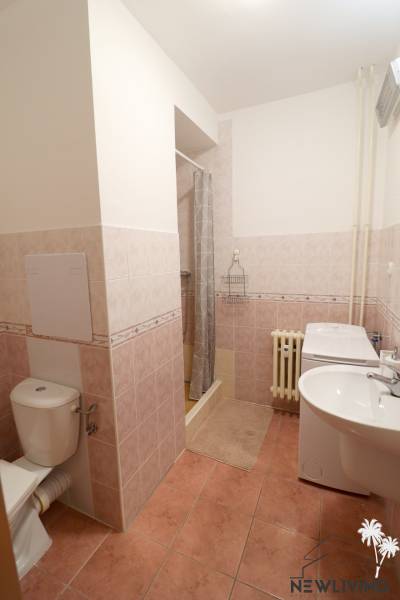 Bathroom in a 2-room apartment with a toilet, shower, and ceramic tiles.