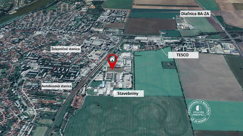 Aerial view of commercial land on Priemyselná Street in Piešťany, near the highway.