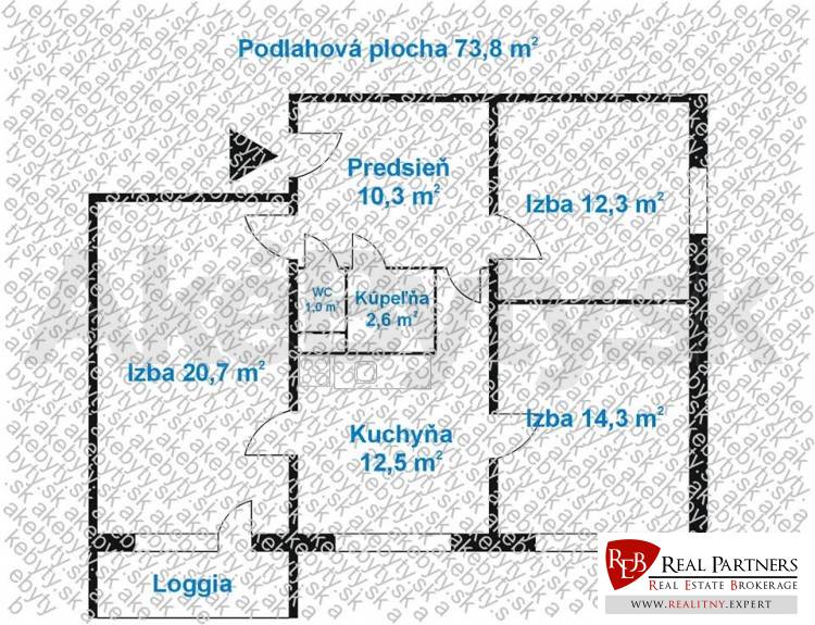 Layout of a 3-room apartment with a loggia, hallway, kitchen, bathroom, and toilet.