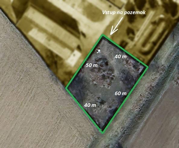 Aerial view of commercial land in Trenčianske Bohuslavice with marked dimensions and entrance.