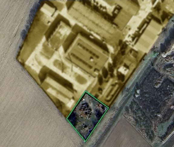Aerial view of commercial land in Trenčianske Bohuslavice with old buildings.