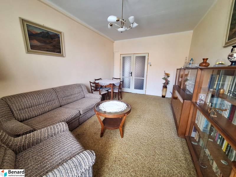 Living room with a sofa, wooden furniture, and a table in a two-room apartment.