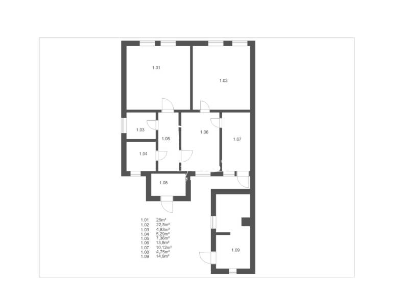 Floor plan of a family house with a room, kitchen, bathroom, and storage.