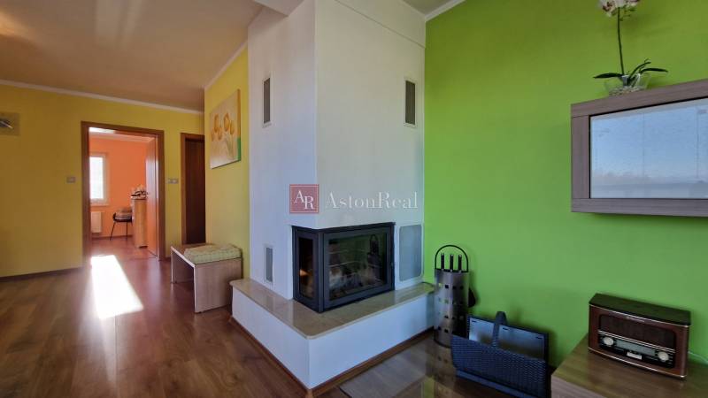 Recreational apartment with a green wall, fireplace, and wooden floor.