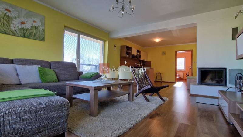 Living room in a holiday apartment with a sofa, table, and kitchenette.