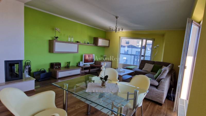 Living room with a fireplace in a holiday apartment, green walls, comfortable seating.