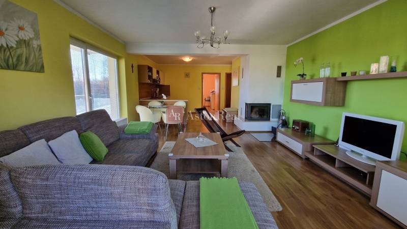 Living room in a holiday apartment with a sofa, television, fireplace, and kitchenette.