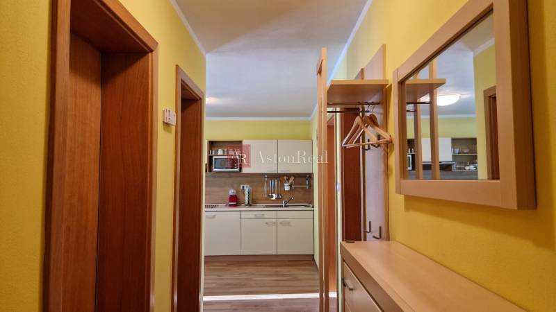 Hallway with a shoe cabinet, mirror, and a view into the kitchen in a recreational apartment.