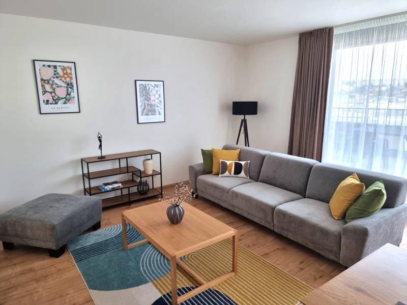 Living room with a comfortable gray sofa and colorful cushions in a 3-bedroom apartment.
