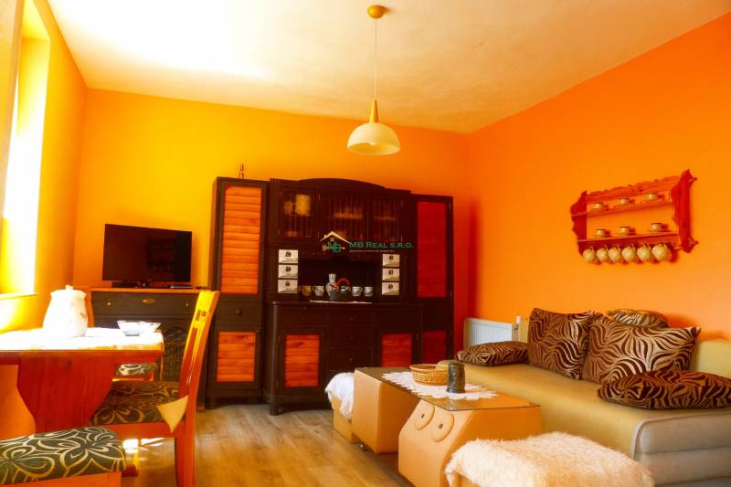 A living space in a cottage with orange walls, a sofa, and a television.