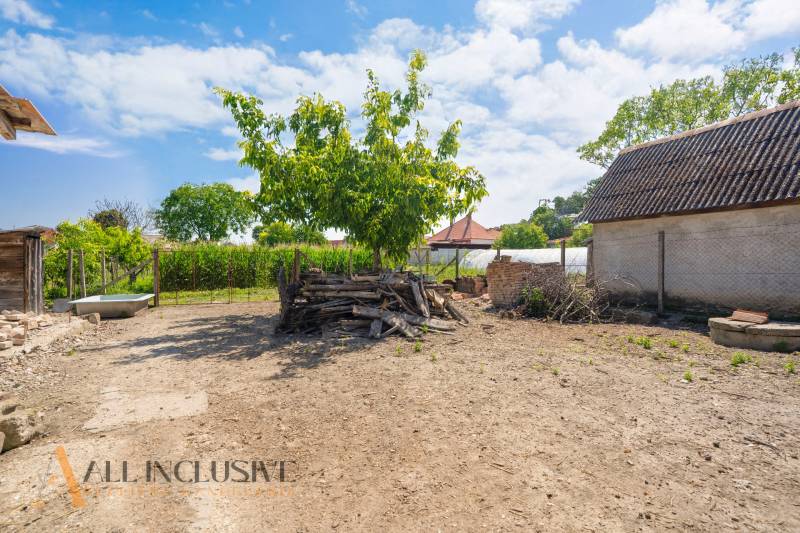 A yard with a pile of wood by a family house in Jahodná, with a blue sky.