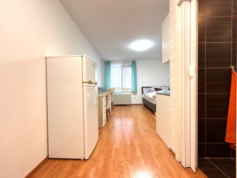 A studio apartment with wooden flooring, a bed, a desk, and a refrigerator.