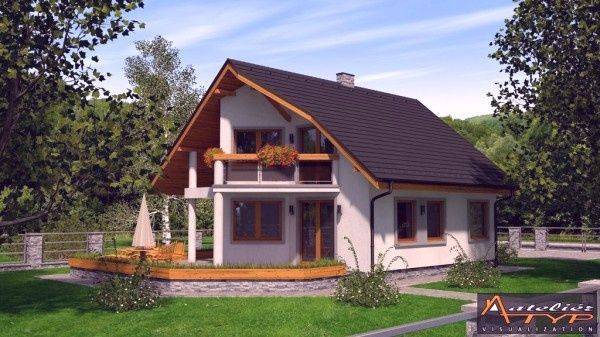 A family house in Humenné, surrounded by greenery with wooden natural details and a balcony.