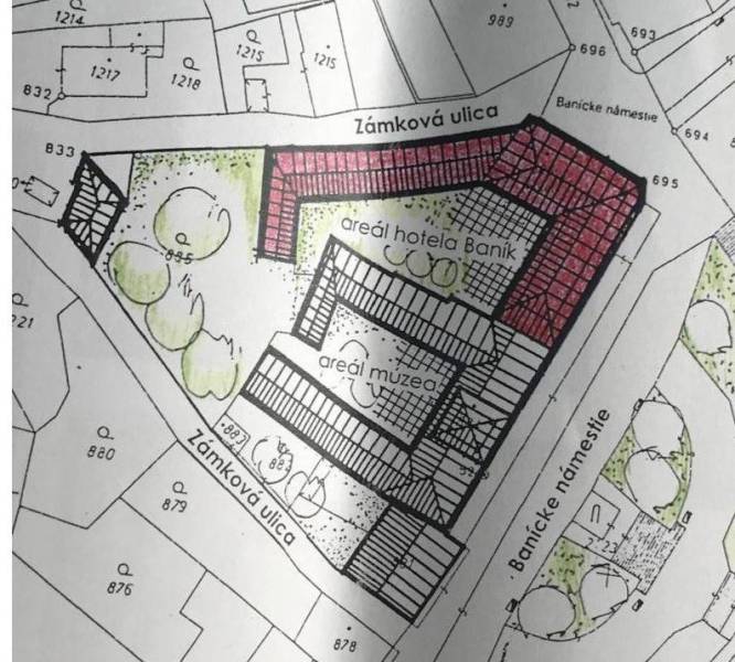 The map shows the area of the hotel and the museum at Banícke Square in Gelnica.