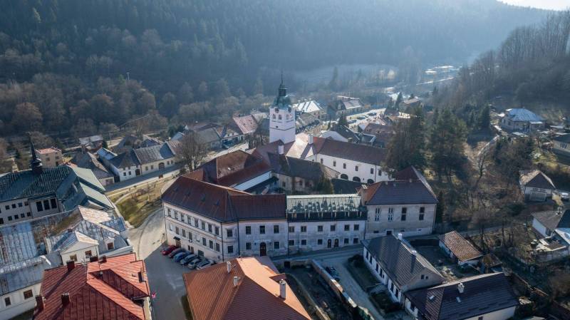 Aerial view of the historical architecture of the town of Gelnica at Banícke Square.