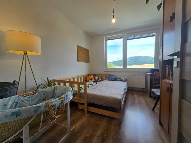 Children's room in a 4-room apartment with a bed, cradle, and a large window with a view.