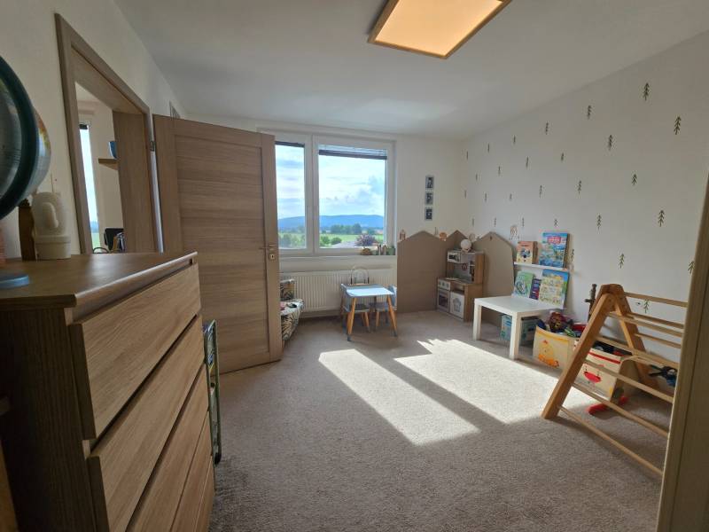 Children's room in a 4-room apartment with carpet flooring and play elements.