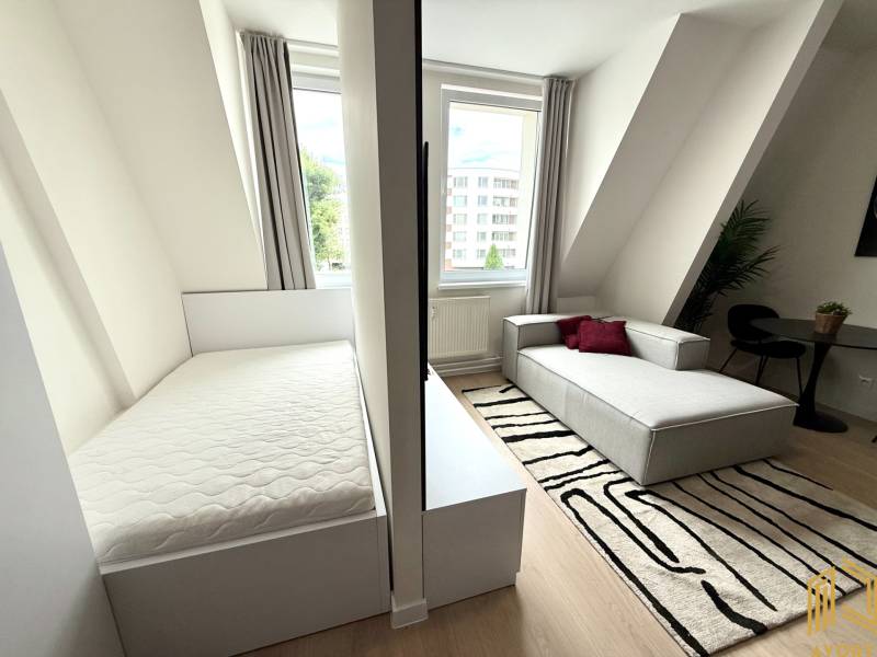 A studio apartment with a light bed, a gray sofa, and a black and white carpet.