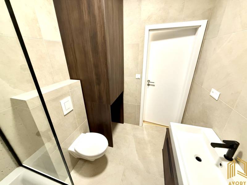 A bathroom in a studio apartment with a wall-hung toilet and a modern sink.