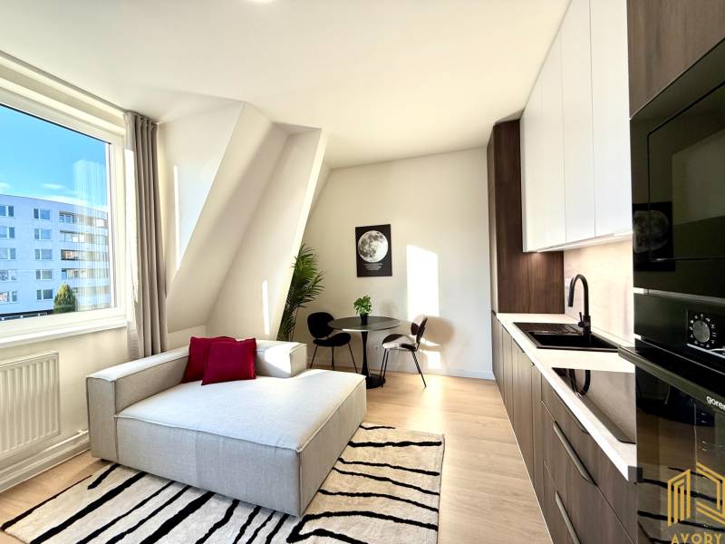 Studio apartment with a bright living area, kitchenette, and dining table.