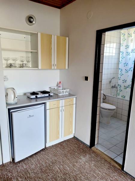 Kitchenette with a cooktop and bathroom in a 2-room apartment.