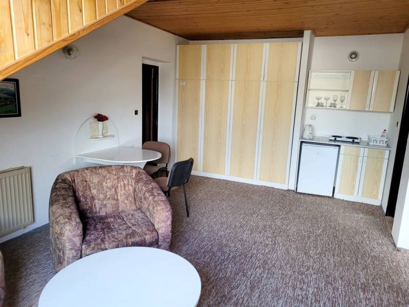 Living room in a two-room apartment with a kitchenette and a comfortable armchair.