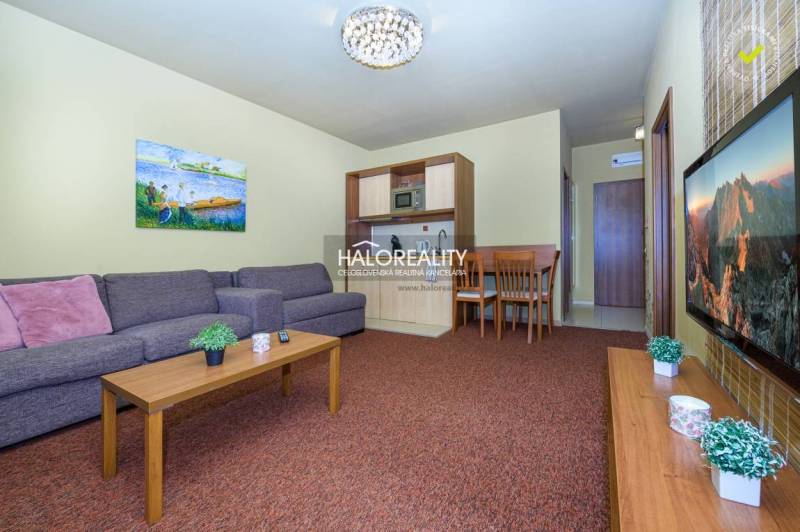 Living room with a sofa, kitchenette, and dining table in a 2-room apartment.