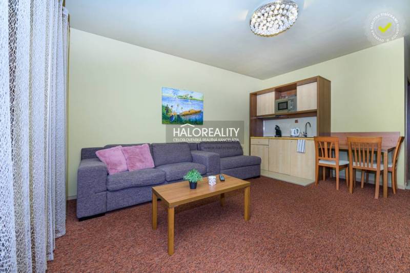 Living room in a two-room apartment with a sofa, kitchenette, and dining table.