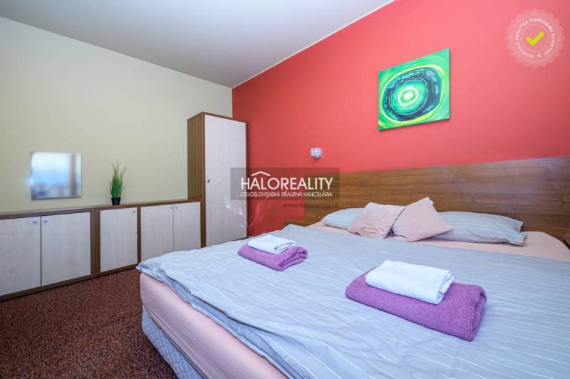A double bedroom with a colorful wall and a floral painting in a two-room apartment.