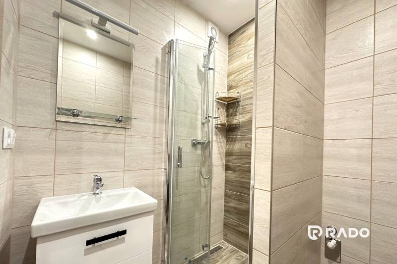 Bathroom with a sink, shower, and mirror in a 2-room apartment.