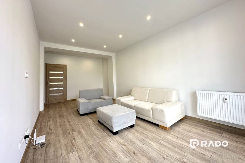 Living room in a 2-room apartment with a sofa, an armchair, and wooden flooring.