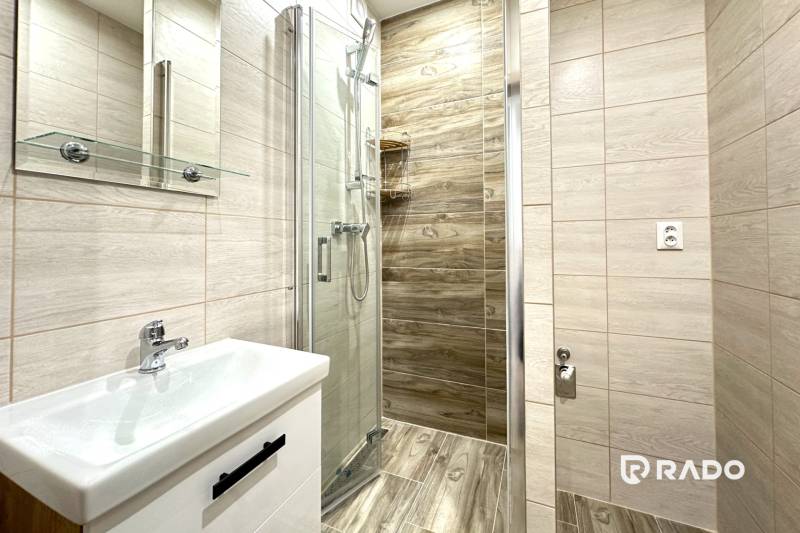 Bathroom with a shower and a sink in a 2-room apartment.