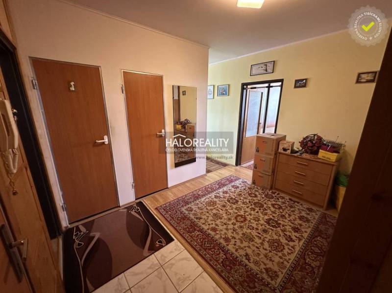 Entrance hallway with carpet in a 3-room apartment, coat rack and wardrobes on the wall.