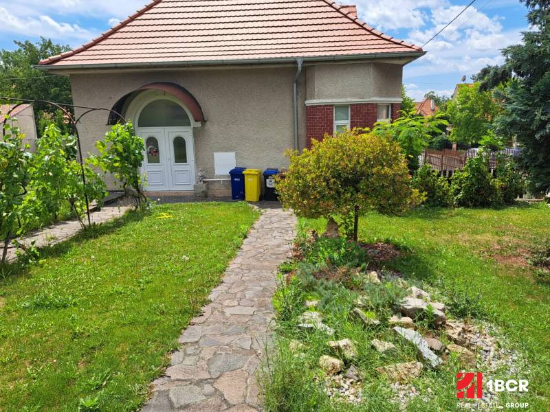 In front of the family house on Nécseyho Street in Nitra, there is a green lawn with a walkway.
