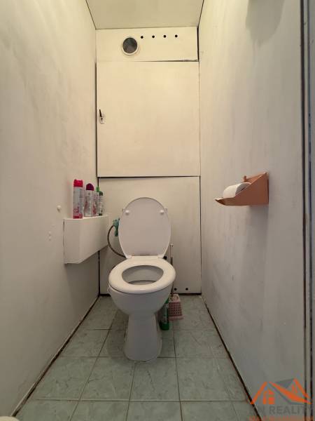 Bathroom in a 3-room apartment with a toilet, shelf, and cleaning products.