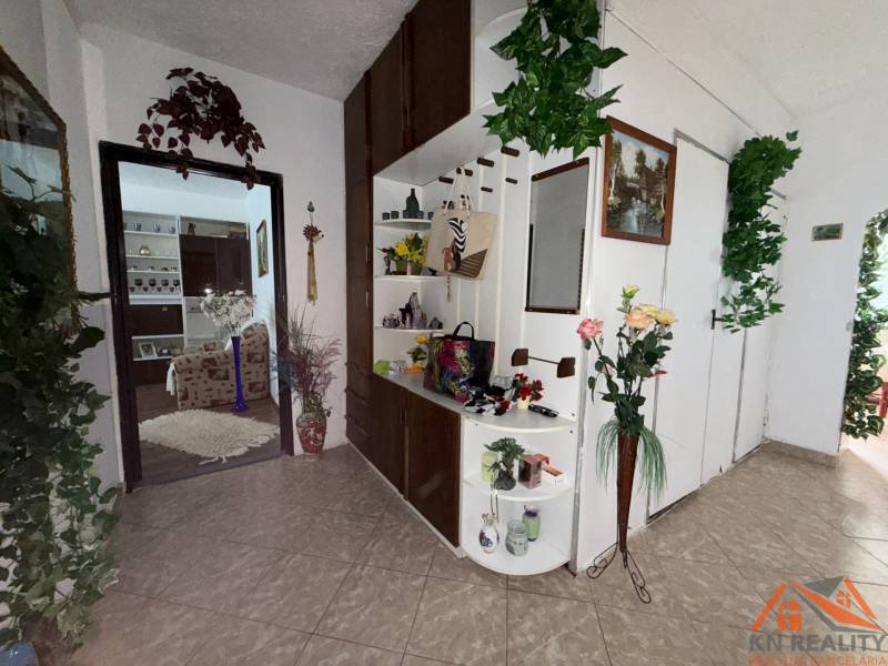 A hallway in a 3-room apartment with decorations and a view into the living room.