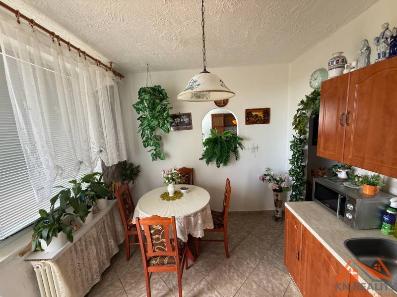 A dining room with a table, chairs, and greenery in a 3-room apartment, decorated with curtains.