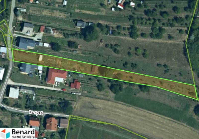 Aerial view of residential plots in the village of Bodovce, Bodovce Street, bordered by a green line.