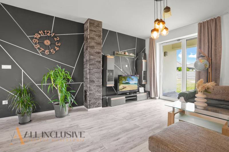 Living room in a family house with a black geometric wall, television, and houseplants.