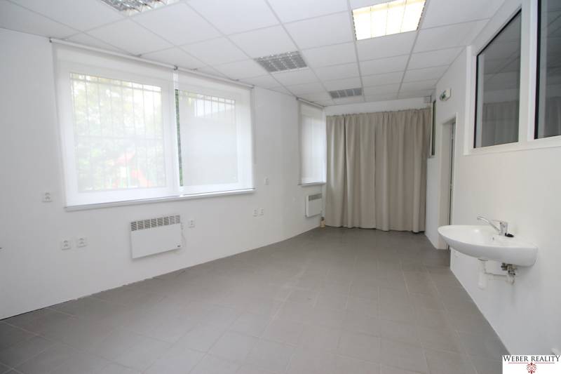 Spacious commercial premises with windows, a sink, and a curtain.
