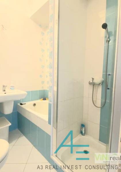A bathroom with a shower and a bathtub in a 4-room apartment.