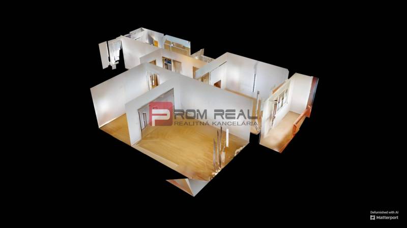 3D floor plan of a 3-room apartment with wooden floors and light walls.