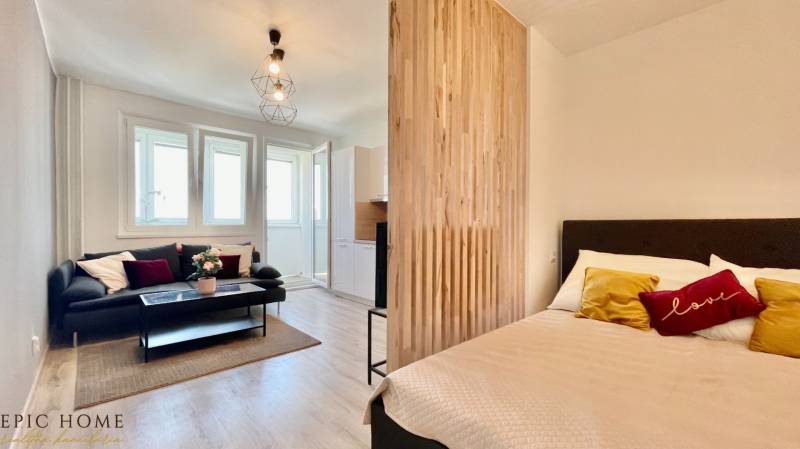 A studio apartment with a sofa, bed, and wooden partition wall.