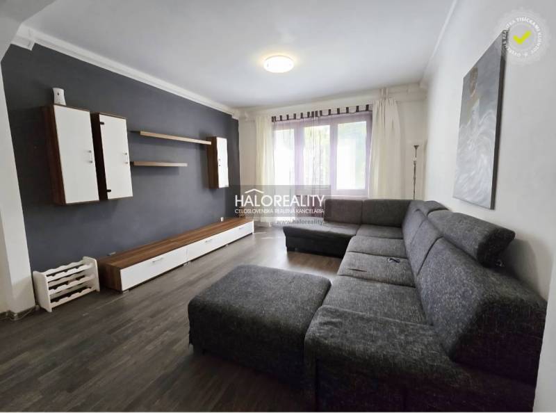Living room in a 3-room apartment with a sofa and a dark wall.