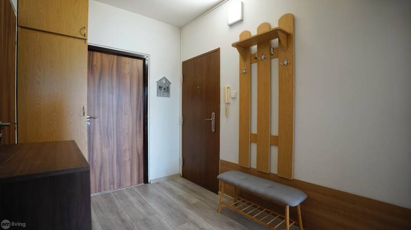 Hallway in a 2-room apartment with a coat rack and wooden doors.